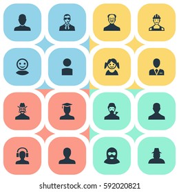 Set Of 16 Simple Human Icons. Can Be Found Such Elements As Portrait, Bodyguard, Mysterious Man And Other.