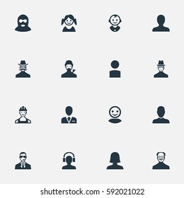 Set Of 16 Simple Human Icons. Can Be Found Such Elements As Workman, Felon, Portrait And Other.