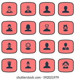 Set Of 16 Simple Human Icons. Can Be Found Such Elements As Spy, Male User, Job Man And Other.