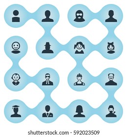 Set Of 16 Simple Human Icons. Can Be Found Such Elements As Whiskers Man, Proletarian, Insider And Other.