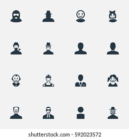 Set Of 16 Simple Human Icons. Can Be Found Such Elements As Mysterious Man, Workman, Little Girl And Other.