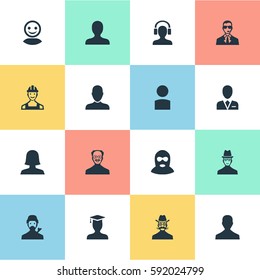 Set Of 16 Simple Human Icons. Can Be Found Such Elements As Postgraduate, Bodyguard, Internet Profile And Other.