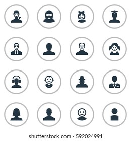 Set Of 16 Simple Human Icons. Can Be Found Such Elements As Postgraduate, Agent, Little Girl And Other.