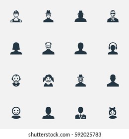 Set Of 16 Simple Human Icons. Can Be Found Such Elements As Job Man, Proletarian, Workman And Other.