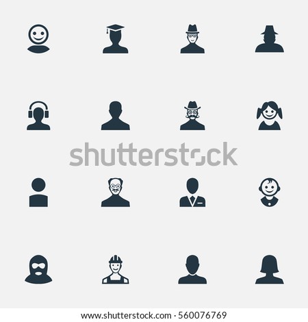 Set Of 16 Simple Human Icons. Can Be Found Such Elements As Workman, Postgraduate, Felon And Other.