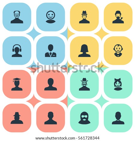 Set Of 16 Simple Human Icons. Can Be Found Such Elements As Agent, Felon, Postgraduate And Other.