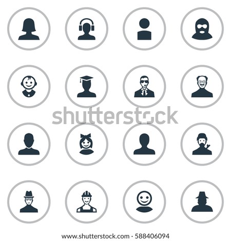 Set Of 16 Simple Human Icons. Can Be Found Such Elements As Felon, Mysterious Man, Young Shaver And Other.
