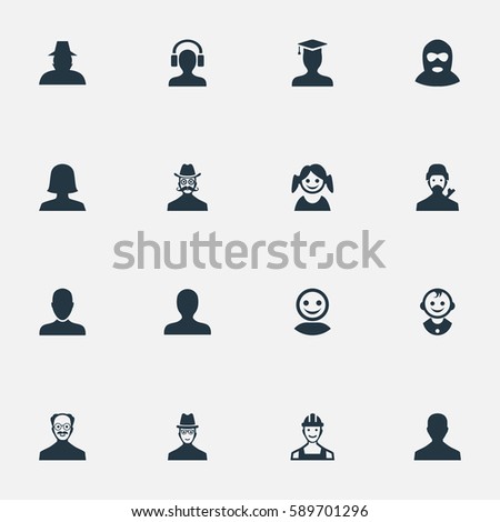 Set Of 16 Simple Human Icons. Can Be Found Such Elements As Little Girl, Agent, Felon And Other.