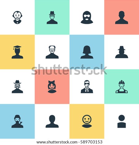 Set Of 16 Simple Human Icons. Can Be Found Such Elements As Moustache Man, Young Shaver, Insider And Other.