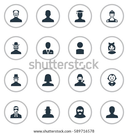 Set Of 16 Simple Human Icons. Can Be Found Such Elements As Portrait, Spy, Felon And Other.