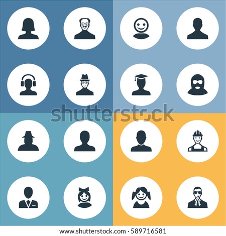 Set Of 16 Simple Human Icons. Can Be Found Such Elements As Felon, Bodyguard, Woman User And Other.