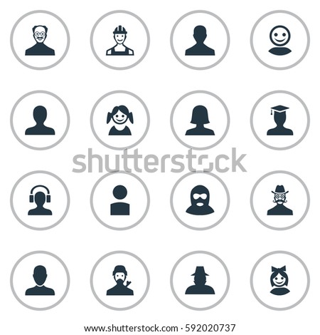 Set Of 16 Simple Human Icons. Can Be Found Such Elements As Male With Headphone, Little Girl, Felon And Other.
