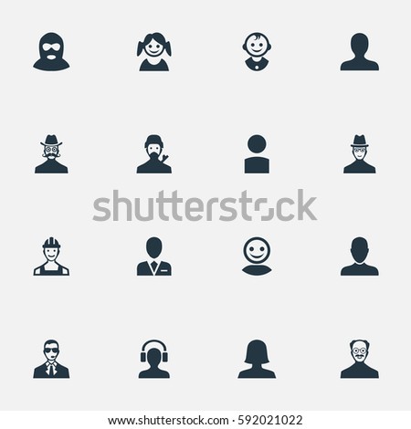 Set Of 16 Simple Human Icons. Can Be Found Such Elements As Workman, Felon, Portrait And Other.