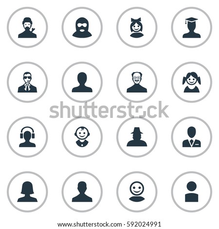 Set Of 16 Simple Human Icons. Can Be Found Such Elements As Postgraduate, Agent, Little Girl And Other.