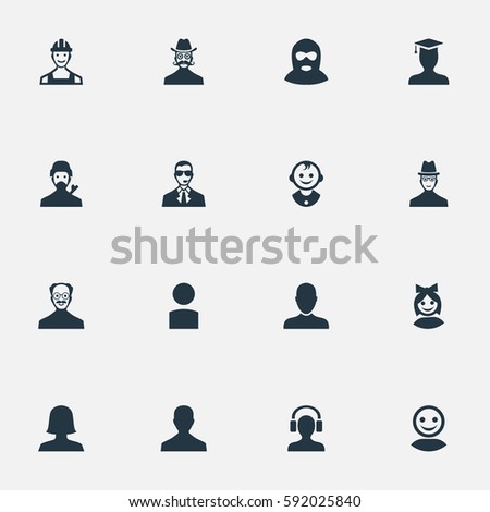 Set Of 16 Simple Human Icons. Can Be Found Such Elements As Proletarian, Internet Profile, Whiskers Man And Other.