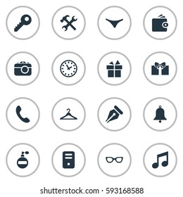 Set Of 16 Simple  Icons. Can Be Found Such Elements As Ring, Digital Camera, Underwear And Other.