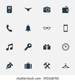 Set Of 16 Simple  Icons. Can Be Found Such Elements As Eyeglasses, Music, Ink Pencil And Other.