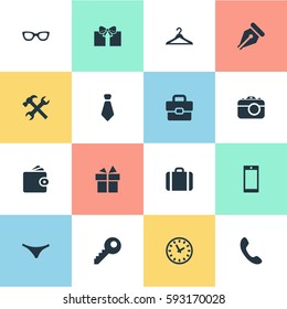 Set Of 16 Simple  Icons. Can Be Found Such Elements As Hanger, Digital Camera, Briefcase And Other.