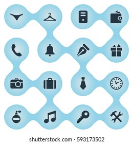 Set Of 16 Simple  Icons. Can Be Found Such Elements As System Unit, Briefcase, Cravat And Other.