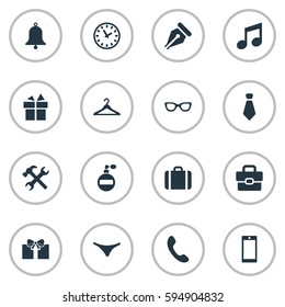 Set Of 16 Simple  Icons. Can Be Found Such Elements As Cravat, Fragrance, Eyeglasses And Other.
