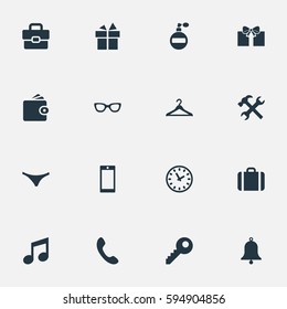 Set Of 16 Simple  Icons. Can Be Found Such Elements As Hanger, Password, Repair And Other.