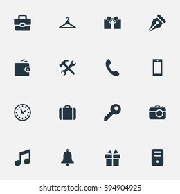 Set Of 16 Simple  Icons. Can Be Found Such Elements As Digital Camera, Billfold, Call Button And Other.