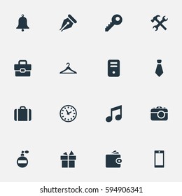 Set Of 16 Simple  Icons. Can Be Found Such Elements As Ring, Billfold, Music And Other.