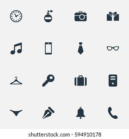 Set Of 16 Simple  Icons. Can Be Found Such Elements As Eyeglasses, Digital Camera, Password And Other.