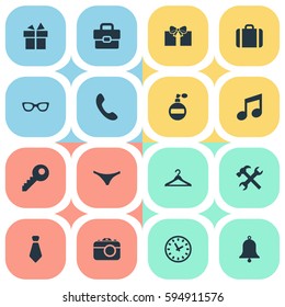 Set Of 16 Simple  Icons. Can Be Found Such Elements As Ring, Present, Digital Camera And Other.