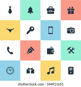 Set Of 16 Simple  Icons. Can Be Found Such Elements As Cravat, Ink Pencil, Password And Other.