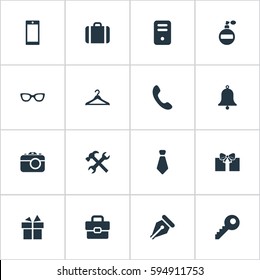 Set Of 16 Simple  Icons. Can Be Found Such Elements As Password, Ink Pencil, Digital Camera And Other.