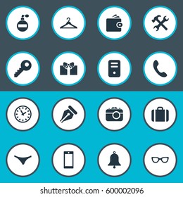 Set Of 16 Simple  Icons. Can Be Found Such Elements As Call Button, Hanger, Time And Other.
