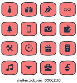 Set Of 16 Simple  Icons. Can Be Found Such Elements As Cravat, Gift, Digital Camera And Other.