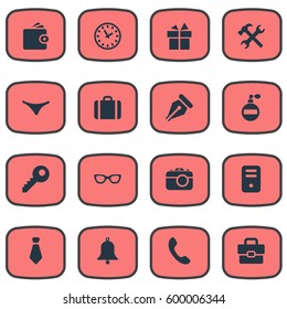 Set Of 16 Simple  Icons. Can Be Found Such Elements As Digital Camera, Fragrance, Business Bag And Other.