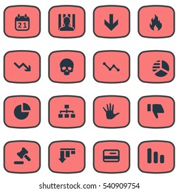 Set Of 16 Simple Impasse Icons. Can Be Found Such Elements As Finger Below, Palm, Graph Decreases And Other.