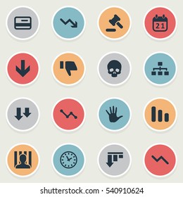 Set Of 16 Simple Impasse Icons. Can Be Found Such Elements As Down Cursor, Agenda, Head Bone And Other.