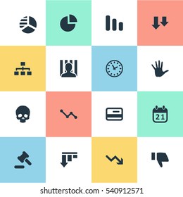 Set Of 16 Simple Impasse Icons. Can Be Found Such Elements As Agenda, Clock, Graph Decreases And Other.