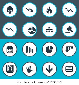 Set Of 16 Simple Impasse Icons. Can Be Found Such Elements As Plastic Card, Palm, Line Chart And Other.
