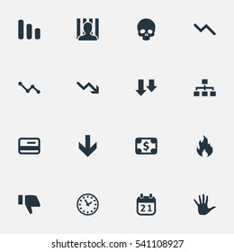 Set Of 16 Simple Impasse Icons. Can Be Found Such Elements As Net, Finger Below, Penitentiary And Other.