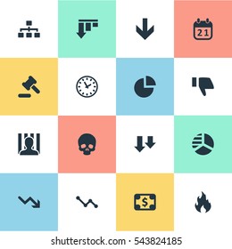 Set Of 16 Simple Impasse Icons. Can Be Found Such Elements As Tribunal, Graph Decreases, Head Bone And Other.