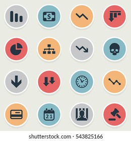 Set Of 16 Simple Impasse Icons. Can Be Found Such Elements As Descending, Bar Graph, Circular Diagram And Other.