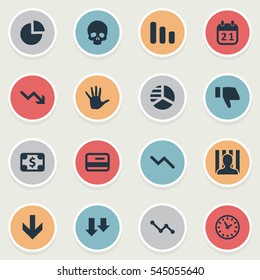 Set Of 16 Simple Impasse Icons. Can Be Found Such Elements As Head Bone, Line Chart, Penitentiary And Other.