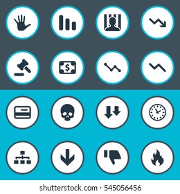Set Of 16 Simple Impasse Icons. Can Be Found Such Elements As Tribunal, Palm, Plastic Card And Other.