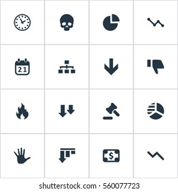 Set Of 16 Simple Impasse Icons. Can Be Found Such Elements As Round Graph, Agenda, Bankroll And Other.