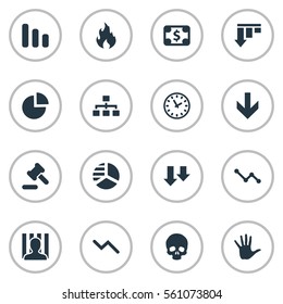 Set Of 16 Simple Impasse Icons. Can Be Found Such Elements As Graph Decreases, Bar Graph, Line Chart And Other.