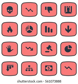Set Of 16 Simple Impasse Icons. Can Be Found Such Elements As Penitentiary, Circular Diagram, Net And Other.