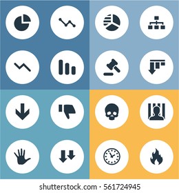 Set Of 16 Simple Impasse Icons. Can Be Found Such Elements As Round Graph, Graph Decreases, Finger Below And Other.