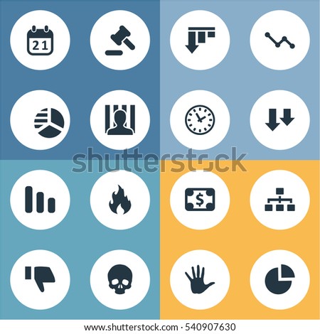 Set Of 16 Simple Impasse Icons. Can Be Found Such Elements As Palm, Round Graph, Fire And Other.