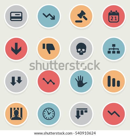 Set Of 16 Simple Impasse Icons. Can Be Found Such Elements As Down Cursor, Agenda, Head Bone And Other.
