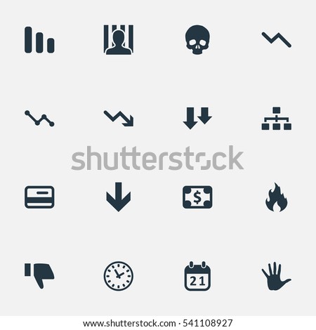Set Of 16 Simple Impasse Icons. Can Be Found Such Elements As Net, Finger Below, Penitentiary And Other.